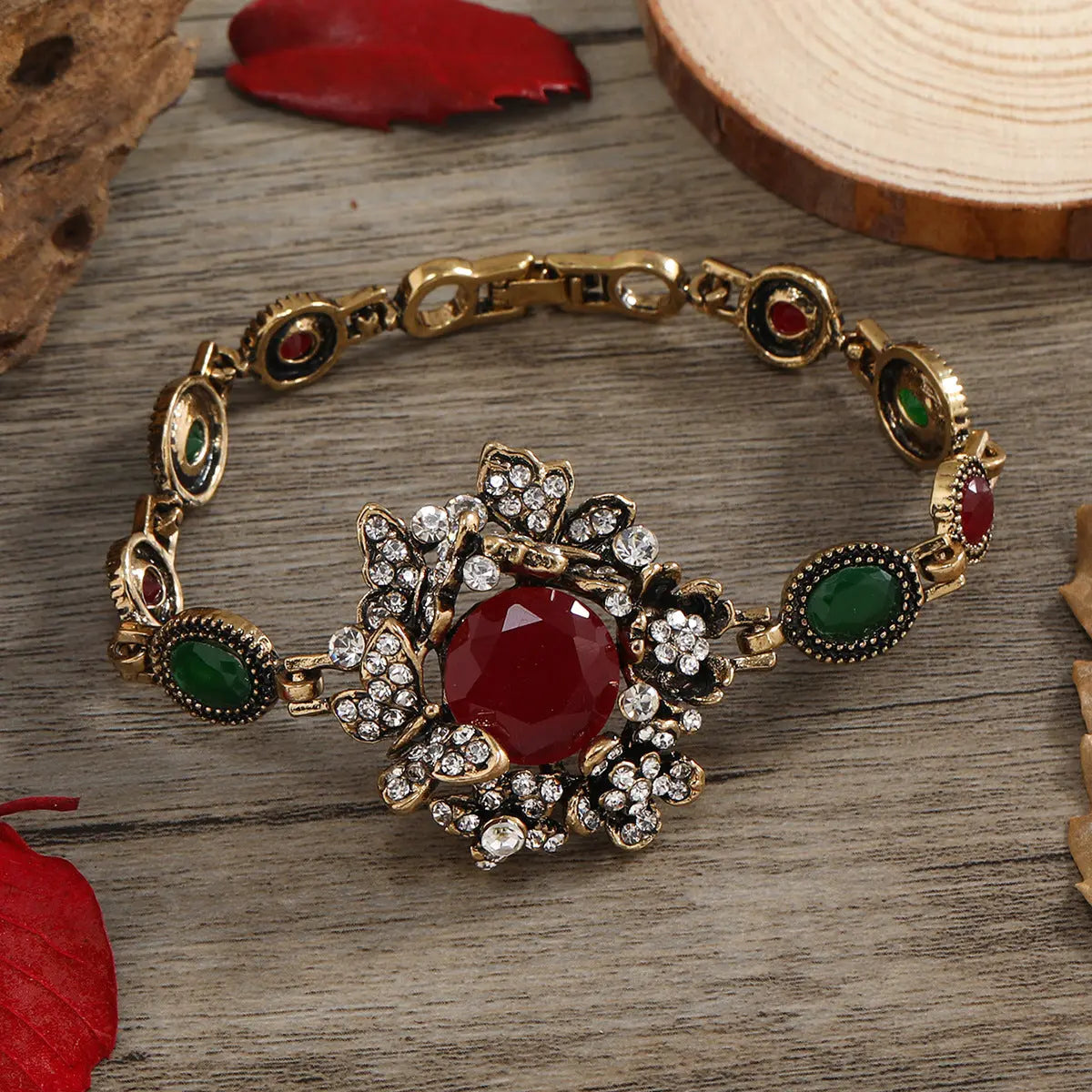 European and American style geometric resin inlaid diamond women's retro bracelet, fashionable trend, non allergic and non fading flower bracelet AQP-STORE