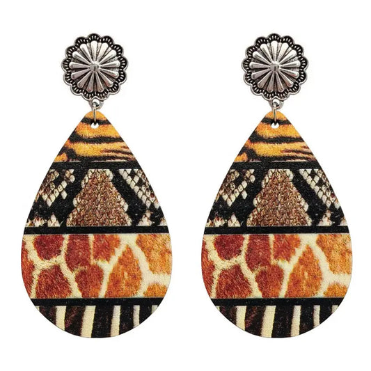 Droplet shaped colorful leopard print snake skin pattern wood earrings with European and American splicing earrings AQP-STORE