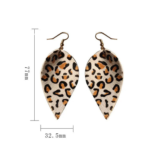 Cross-border European and American leopard print earrings fashionable horse hair leopard print leather leaf earrings jewelry cowhide earrings AQP-STORE