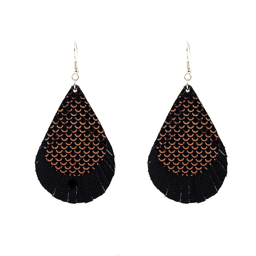 First layer sheepskin fish scale pattern multi-layer earrings genuine leather gold water drop leather earrings AQP-STORE