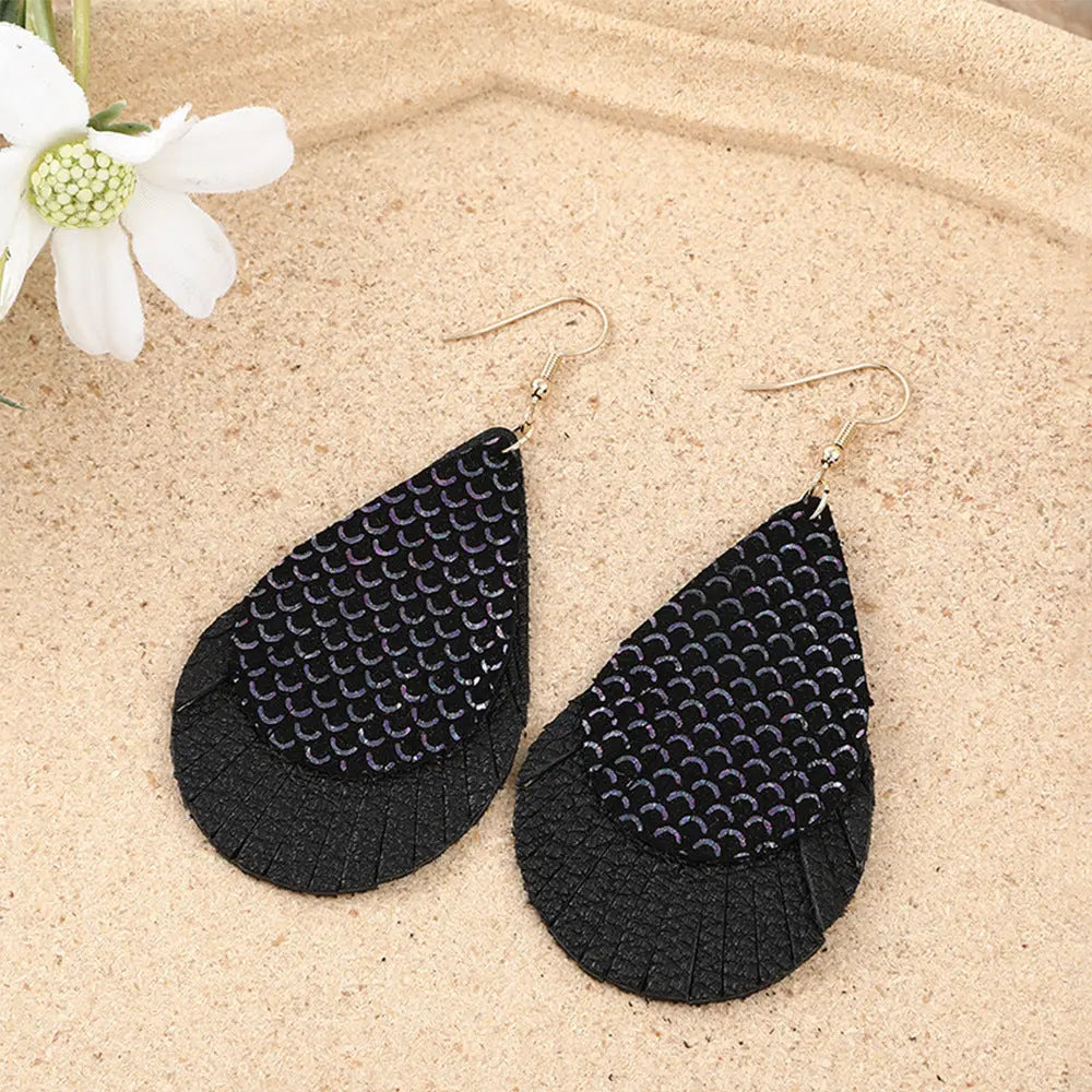 First layer sheepskin fish scale pattern multi-layer earrings genuine leather gold water drop leather earrings AQP-STORE