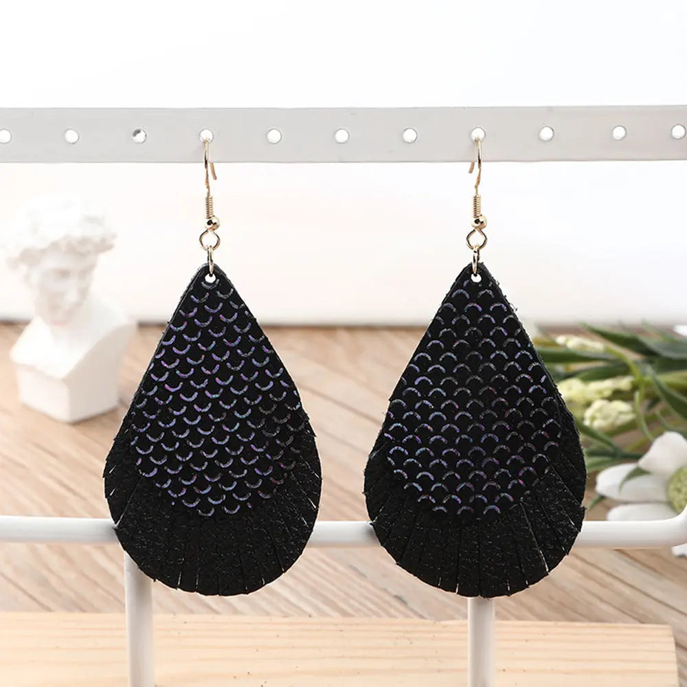 First layer sheepskin fish scale pattern multi-layer earrings genuine leather gold water drop leather earrings AQP-STORE