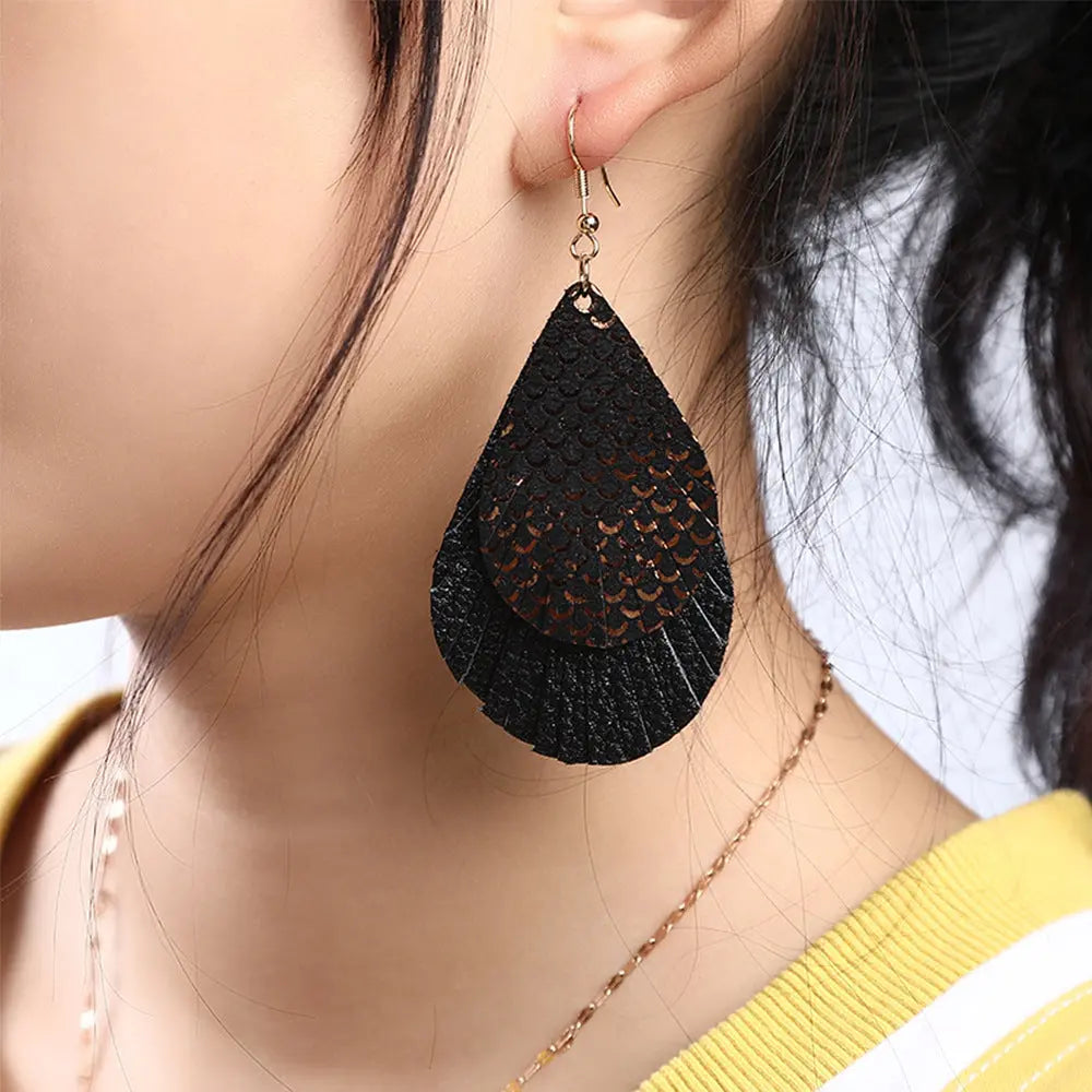 First layer sheepskin fish scale pattern multi-layer earrings genuine leather gold water drop leather earrings AQP-STORE