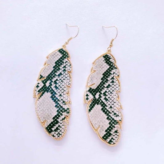 European and American foreign trade accessories PU leather leaf exaggerated earrings fashionable simple long snake leopard print earrings AQP-STORE