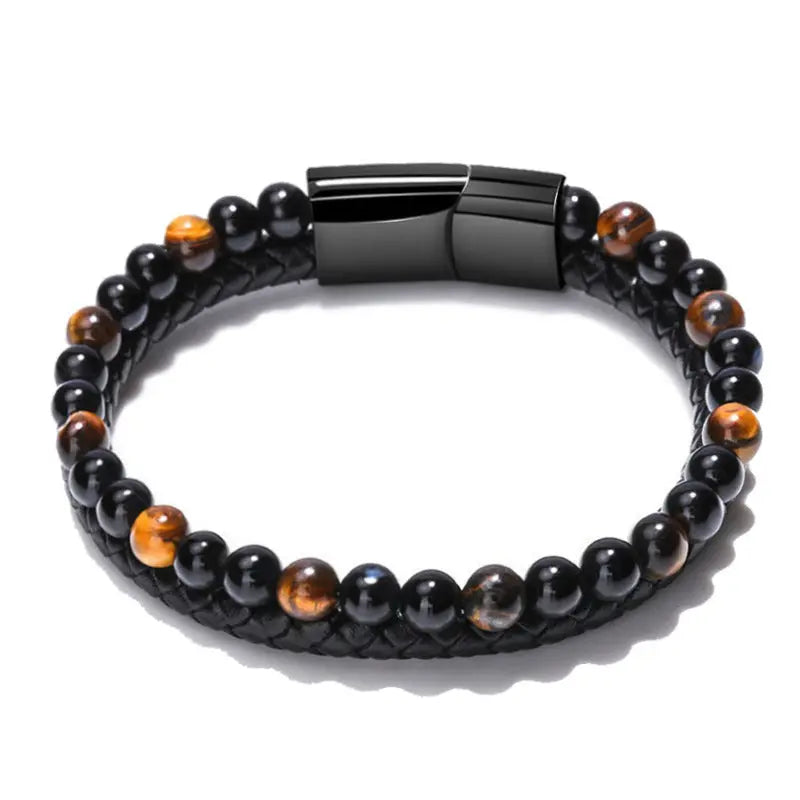 new men's bracelet three-layer tiger eye stone bead stainless steel magnetic buckle bracelet tiger eye stone leather bracelet AQP-STORE