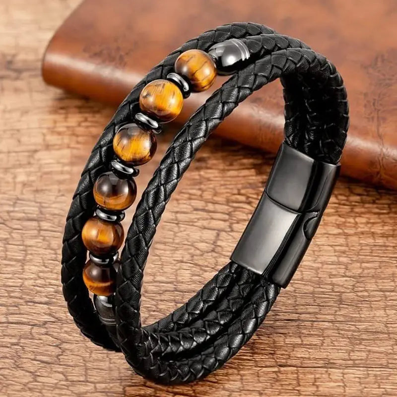 new men's bracelet three-layer tiger eye stone bead stainless steel magnetic buckle bracelet tiger eye stone leather bracelet AQP-STORE