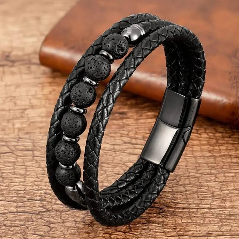 new men's bracelet three-layer tiger eye stone bead stainless steel magnetic buckle bracelet tiger eye stone leather bracelet AQP-STORE