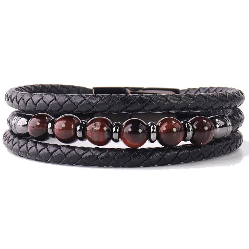 new men's bracelet three-layer tiger eye stone bead stainless steel magnetic buckle bracelet tiger eye stone leather bracelet AQP-STORE