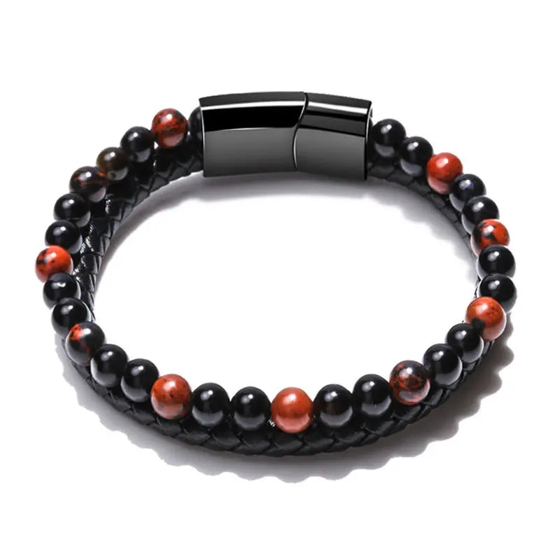 new men's bracelet three-layer tiger eye stone bead stainless steel magnetic buckle bracelet tiger eye stone leather bracelet AQP-STORE