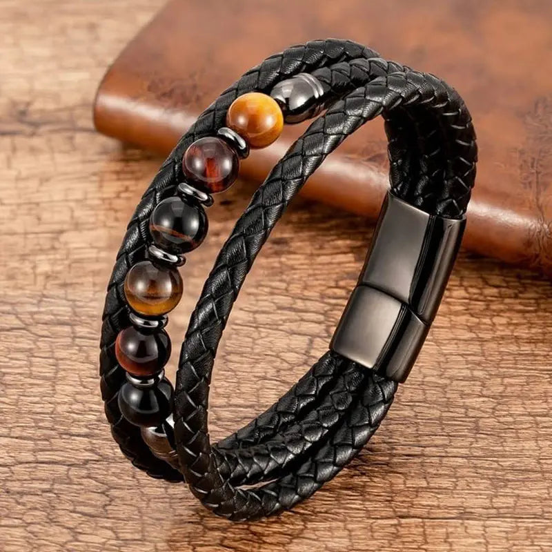 new men's bracelet three-layer tiger eye stone bead stainless steel magnetic buckle bracelet tiger eye stone leather bracelet AQP-STORE