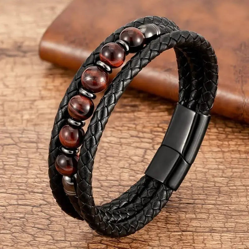 new men's bracelet three-layer tiger eye stone bead stainless steel magnetic buckle bracelet tiger eye stone leather bracelet AQP-STORE