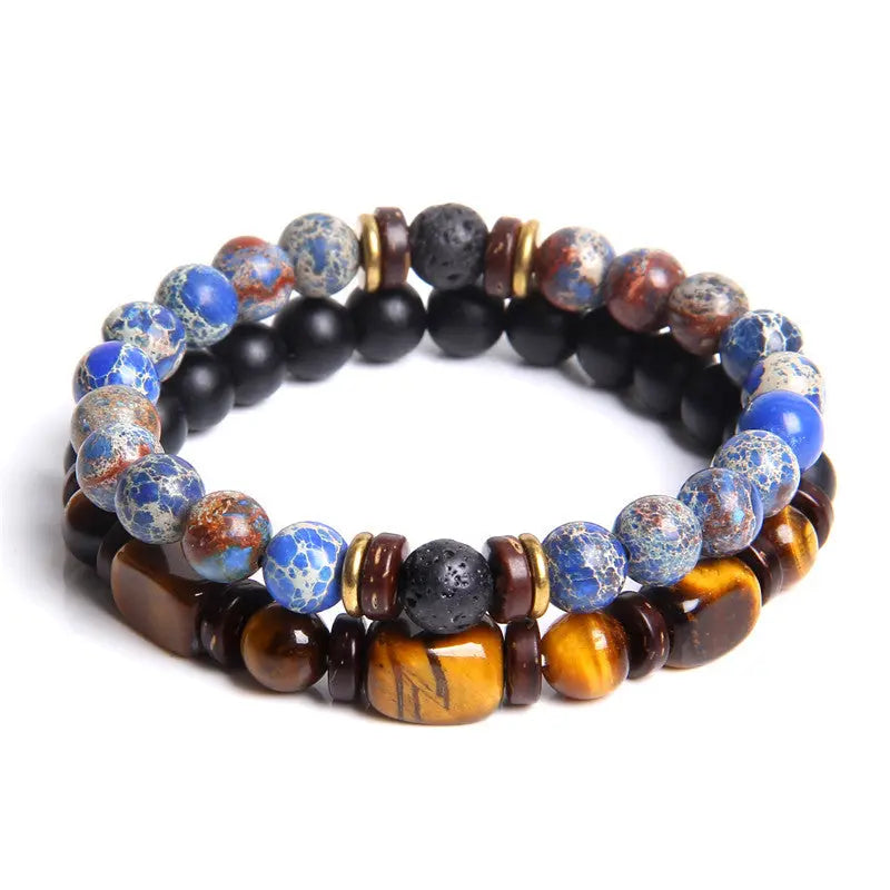 European and American Natural Stone Bracelet Men's Tiger Eye Stone Bead Double Layer Combination Set Bracelet Cross-Border Hot Selling Popular AQP-STORE