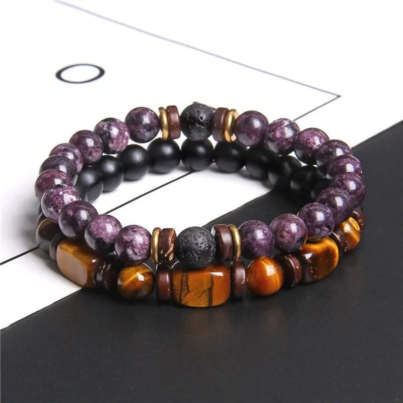 European and American Natural Stone Bracelet Men's Tiger Eye Stone Bead Double Layer Combination Set Bracelet Cross-Border Hot Selling Popular AQP-STORE