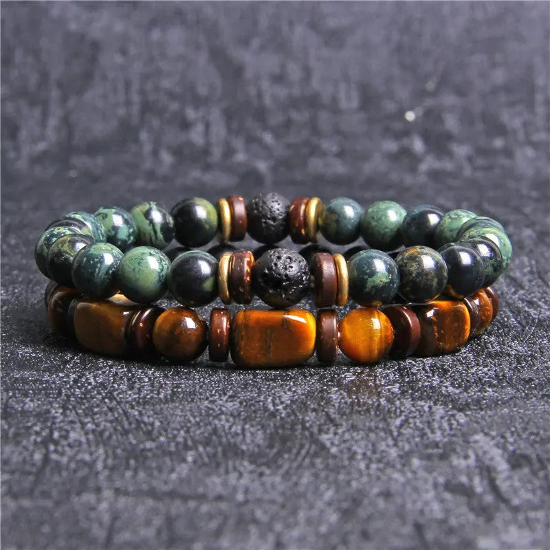 European and American Natural Stone Bracelet Men's Tiger Eye Stone Bead Double Layer Combination Set Bracelet Cross-Border Hot Selling Popular AQP-STORE