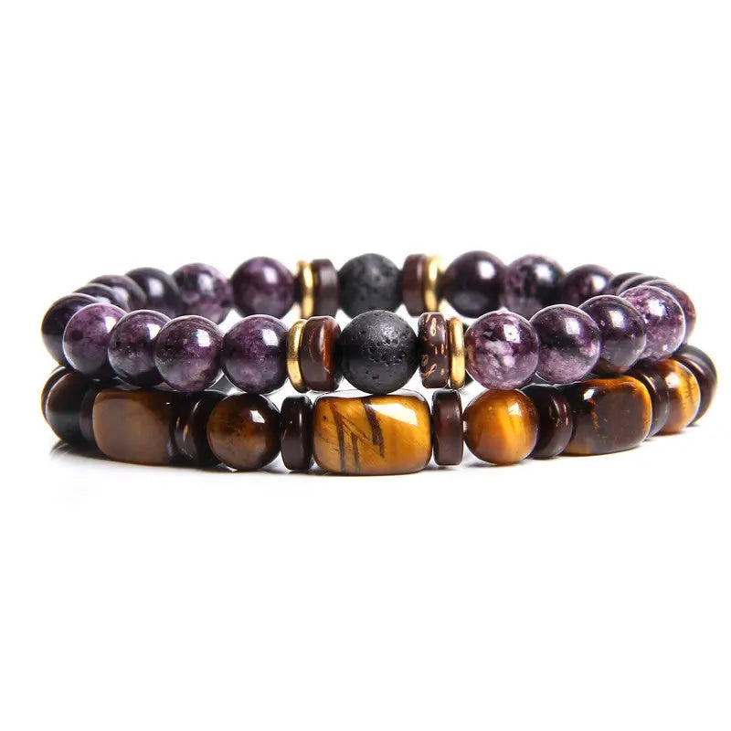 European and American Natural Stone Bracelet Men's Tiger Eye Stone Bead Double Layer Combination Set Bracelet Cross-Border Hot Selling Popular AQP-STORE