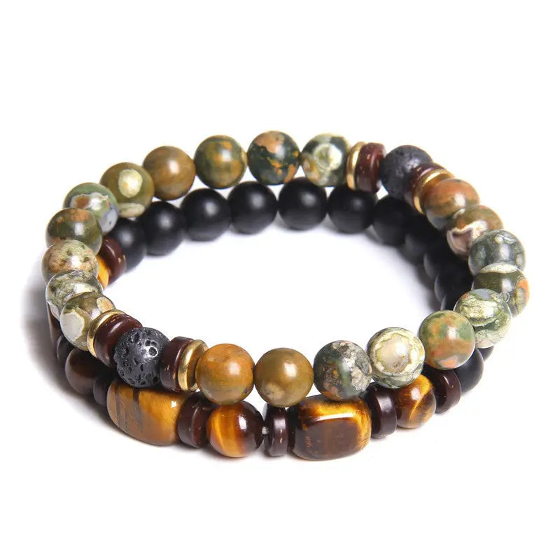 European and American Natural Stone Bracelet Men's Tiger Eye Stone Bead Double Layer Combination Set Bracelet Cross-Border Hot Selling Popular AQP-STORE