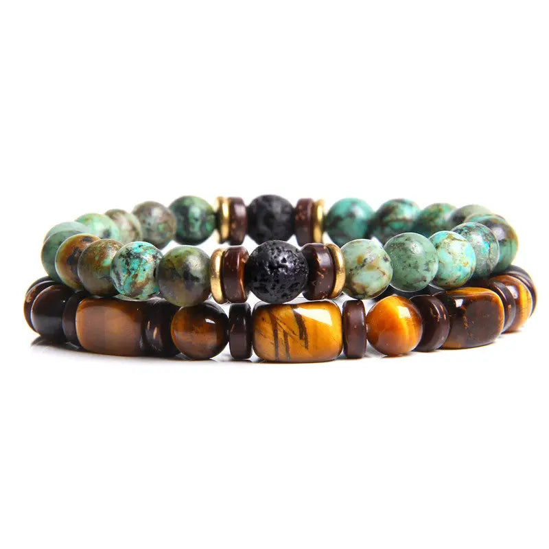 European and American Natural Stone Bracelet Men's Tiger Eye Stone Bead Double Layer Combination Set Bracelet Cross-Border Hot Selling Popular AQP-STORE