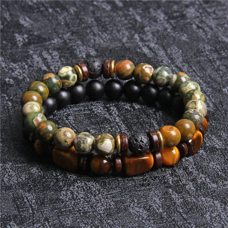 European and American Natural Stone Bracelet Men's Tiger Eye Stone Bead Double Layer Combination Set Bracelet Cross-Border Hot Selling Popular AQP-STORE