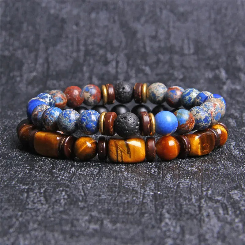 European and American Natural Stone Bracelet Men's Tiger Eye Stone Bead Double Layer Combination Set Bracelet Cross-Border Hot Selling Popular AQP-STORE