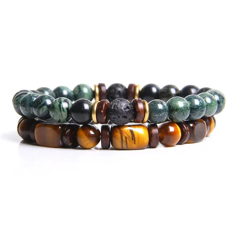 European and American Natural Stone Bracelet Men's Tiger Eye Stone Bead Double Layer Combination Set Bracelet Cross-Border Hot Selling Popular AQP-STORE