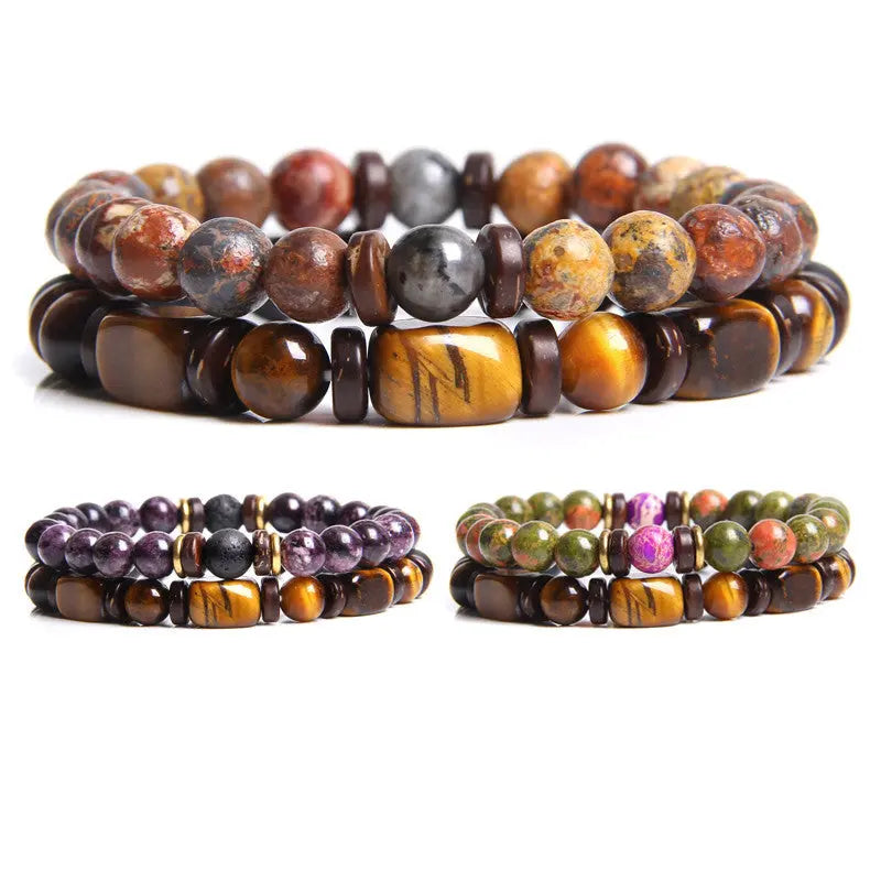 European and American Natural Stone Bracelet Men's Tiger Eye Stone Bead Double Layer Combination Set Bracelet Cross-Border Hot Selling Popular AQP-STORE