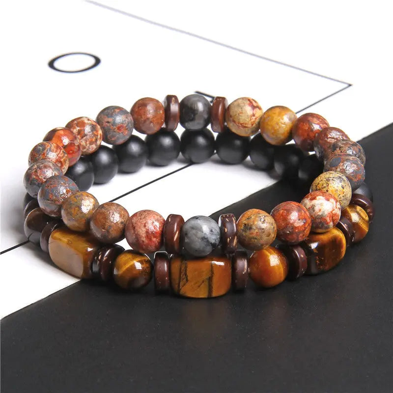 European and American Natural Stone Bracelet Men's Tiger Eye Stone Bead Double Layer Combination Set Bracelet Cross-Border Hot Selling Popular AQP-STORE