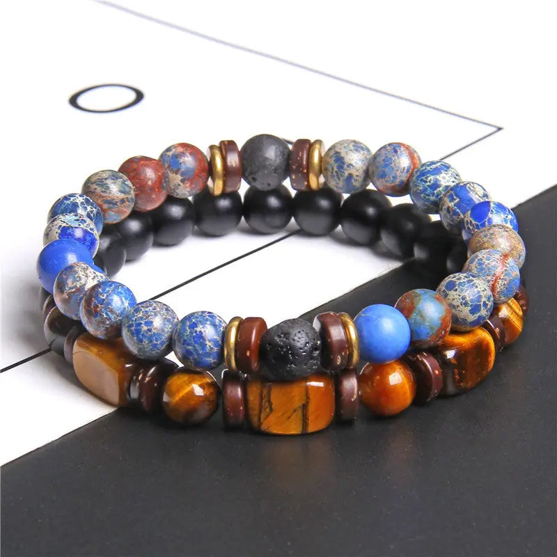 European and American Natural Stone Bracelet Men's Tiger Eye Stone Bead Double Layer Combination Set Bracelet Cross-Border Hot Selling Popular AQP-STORE