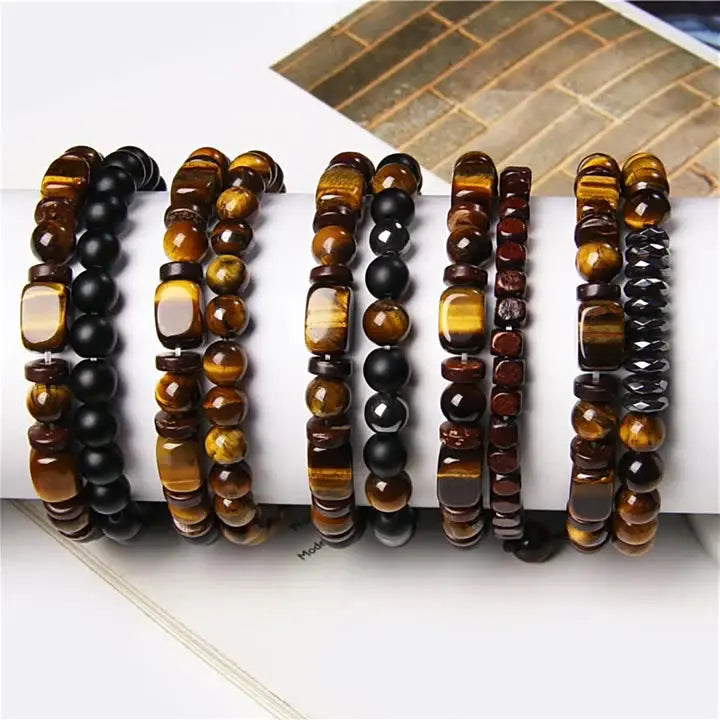 European and American Natural Stone Bracelet Men's Tiger Eye Stone Bead Double Layer Combination Set Bracelet Cross-Border Hot Selling Popular AQP-STORE