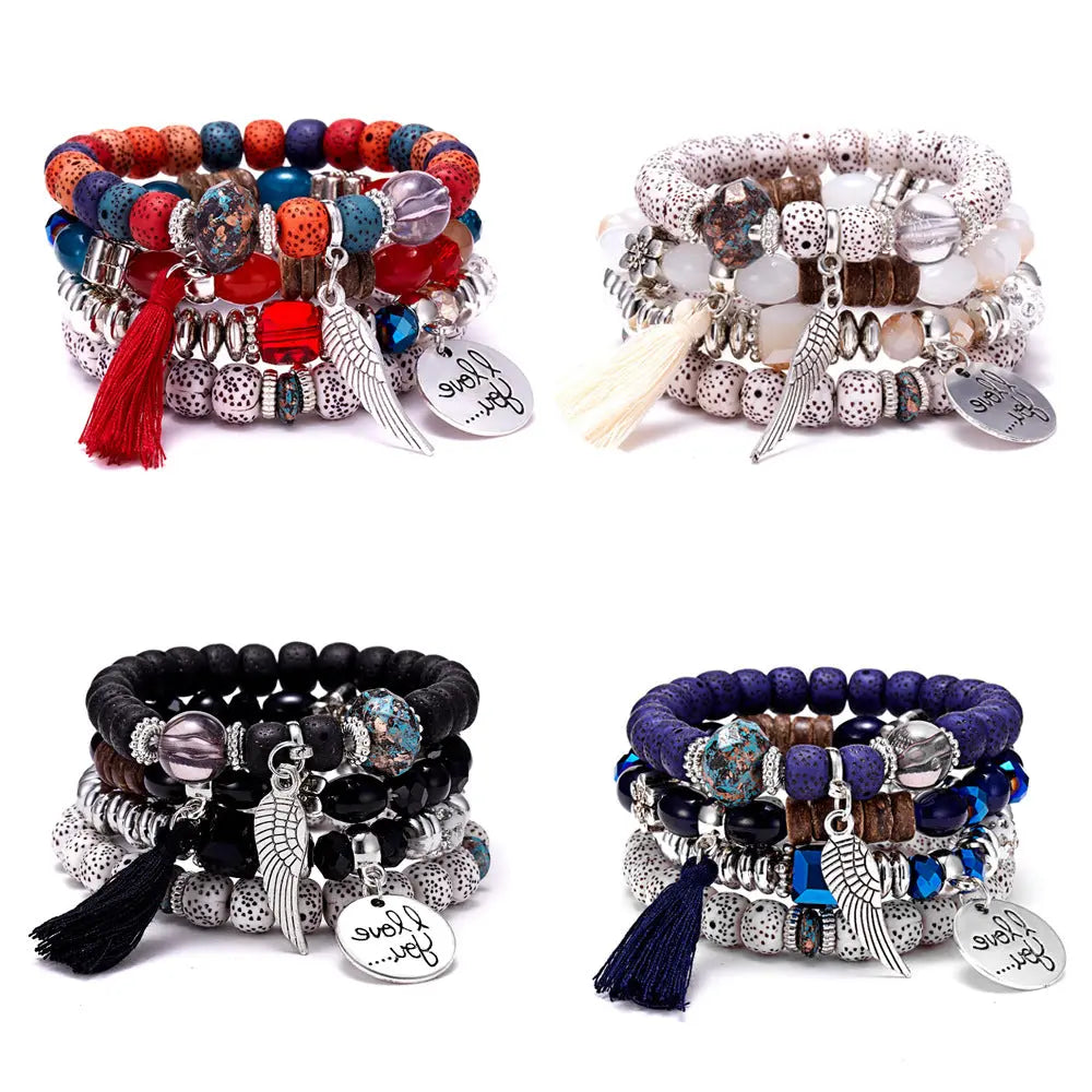 Cross-border European and American new crystal multi-layer contrasting turquoise bracelet leaf alloy tassel 4-piece set AQP-STORE