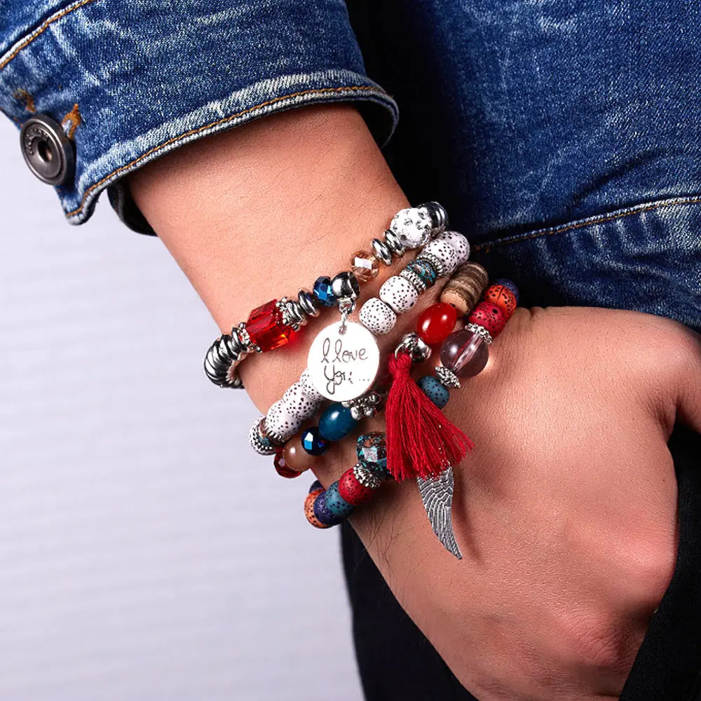 Cross-border European and American new crystal multi-layer contrasting turquoise bracelet leaf alloy tassel 4-piece set AQP-STORE