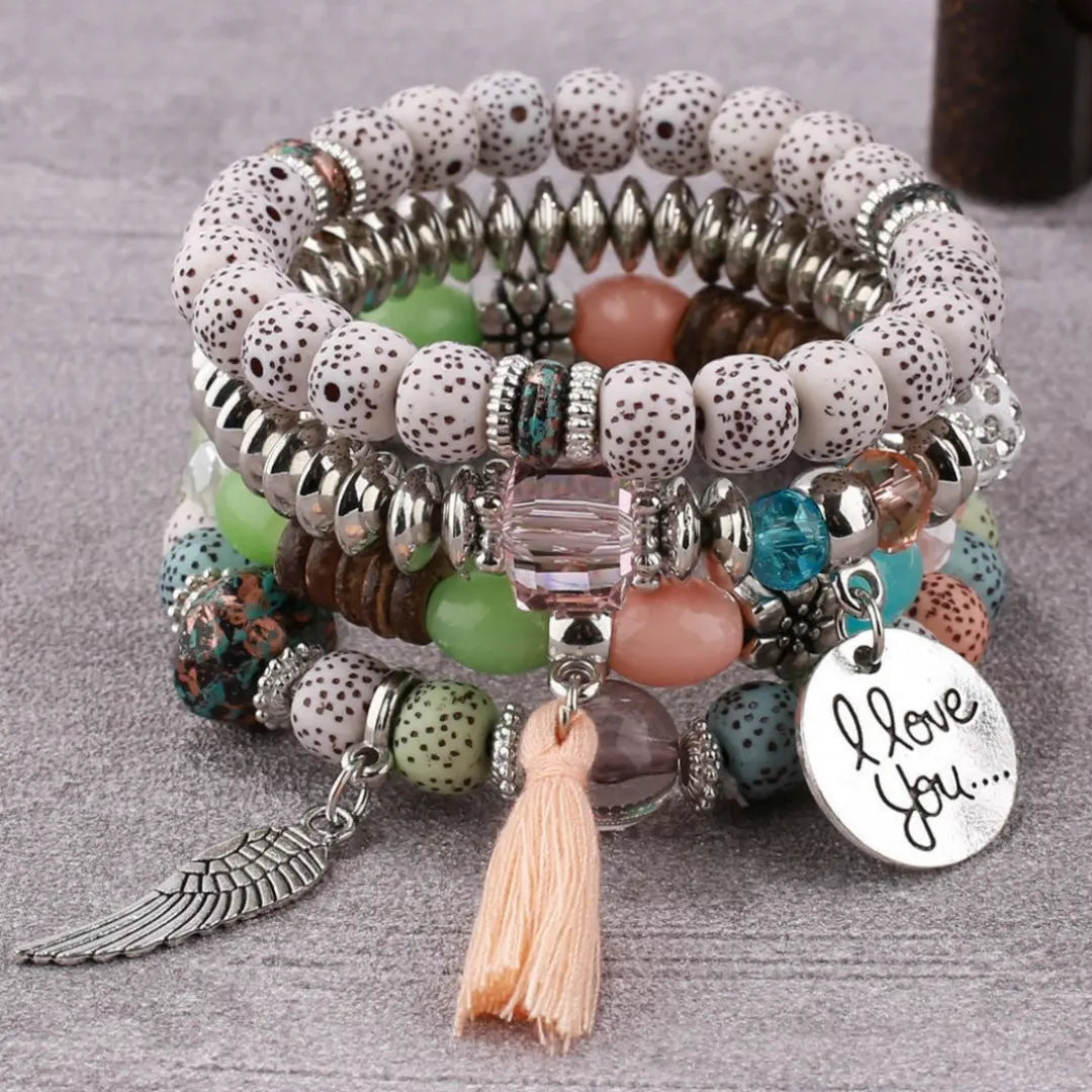 Cross-border European and American new crystal multi-layer contrasting turquoise bracelet leaf alloy tassel 4-piece set AQP-STORE