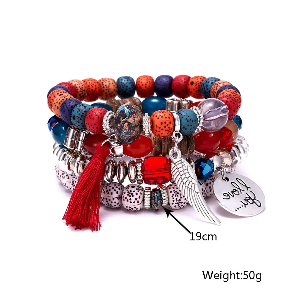 Cross-border European and American new crystal multi-layer contrasting turquoise bracelet leaf alloy tassel 4-piece set AQP-STORE