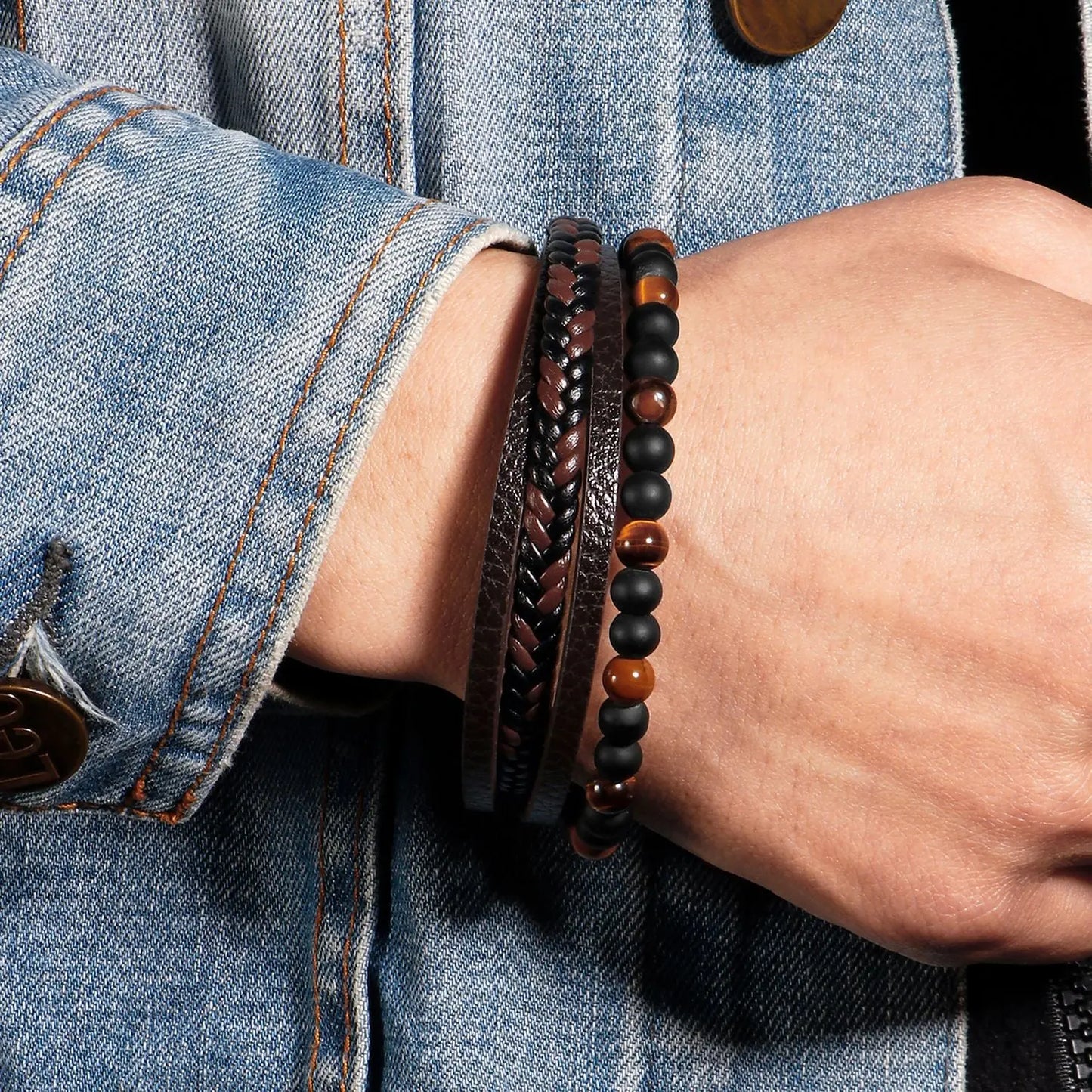 Hot Selling Natural Tiger Eye Stone Beaded Men's Bracelet Hand Woven Multi-Layered Leather Bracelet Ready Stock Wholesale AQP-STORE