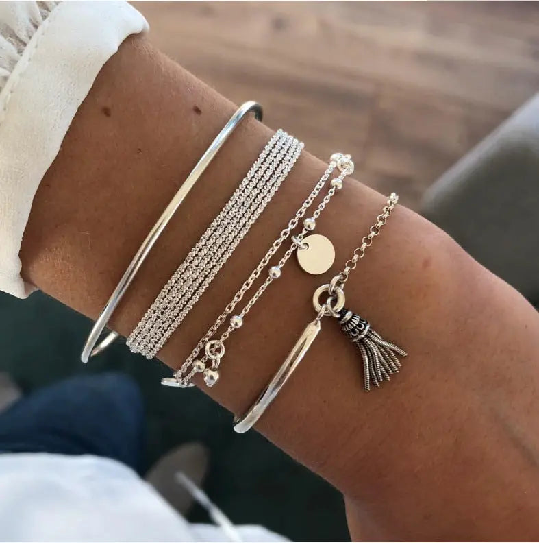 European and American simple silver glossy tassel bracelet, personalized multi-layer chain disc 4-piece bracelet set AQP-STORE