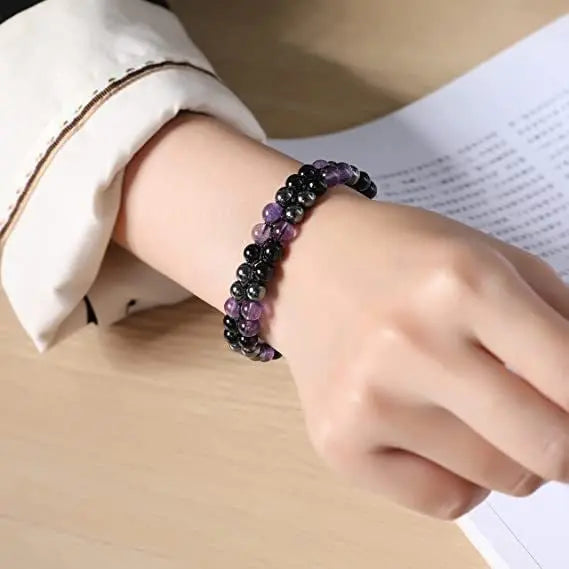 European and American 8MM natural amethyst double-layer bracelet adjustable black magnet beaded bracelet for men and women couples bracelet AQP-STORE