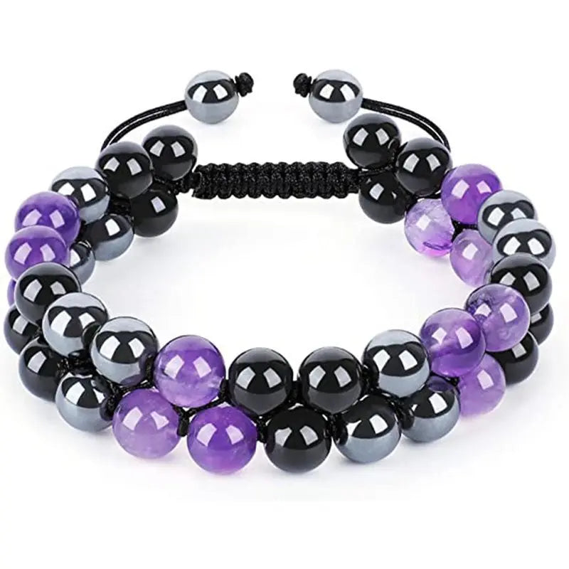 European and American 8MM natural amethyst double-layer bracelet adjustable black magnet beaded bracelet for men and women couples bracelet AQP-STORE