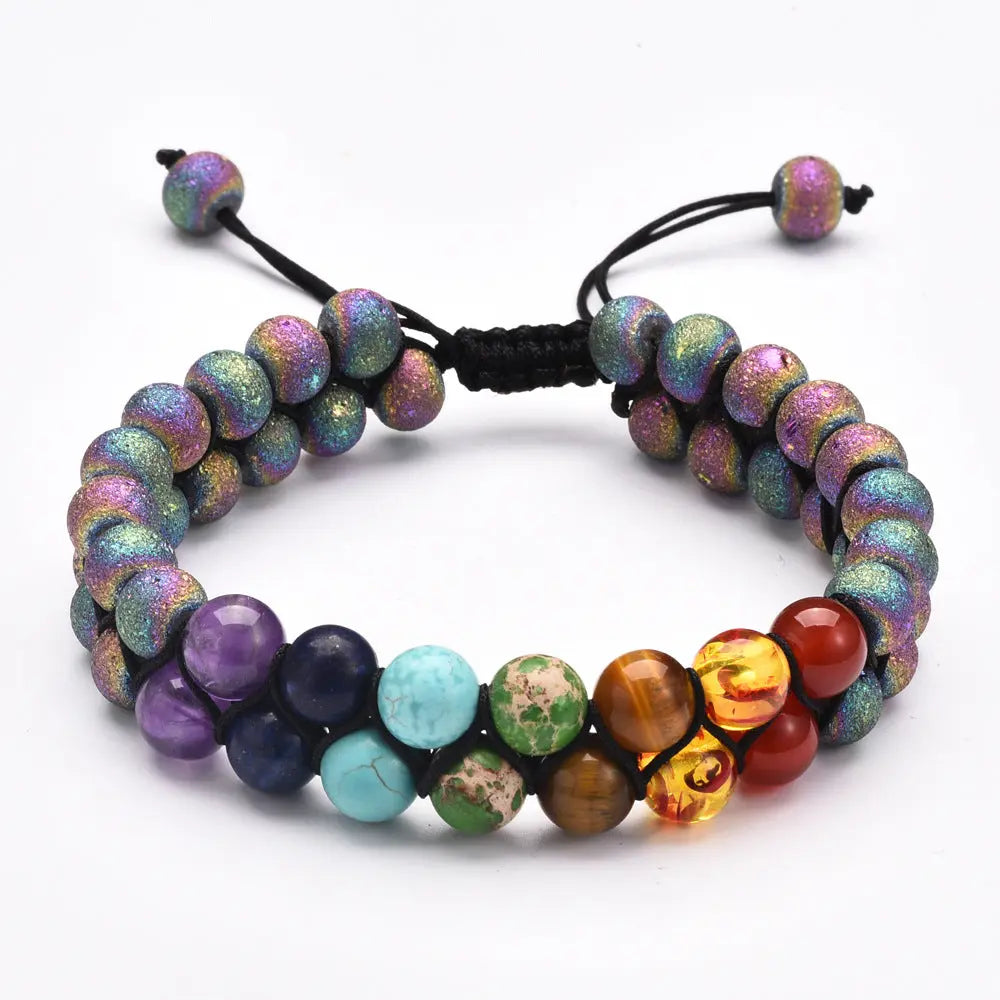 Volcanic stone turquoise frosted black agate double-layer braided bracelet multicolored stone yoga bracelet European and American cross-border jewelry AQP-STORE