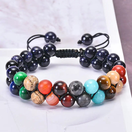 Cross-border European and American eight planet bracelets hand-woven natural stone blue sandstone bracelet double-layer adjustable bracelet AQP-STORE