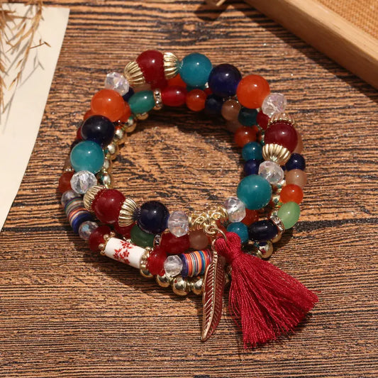 Bohemian ethnic wind multi-layer beaded bracelet jewelry in Europe and the United States trend of four sets of bracelets tassel leaf bracelet AQP-STORE