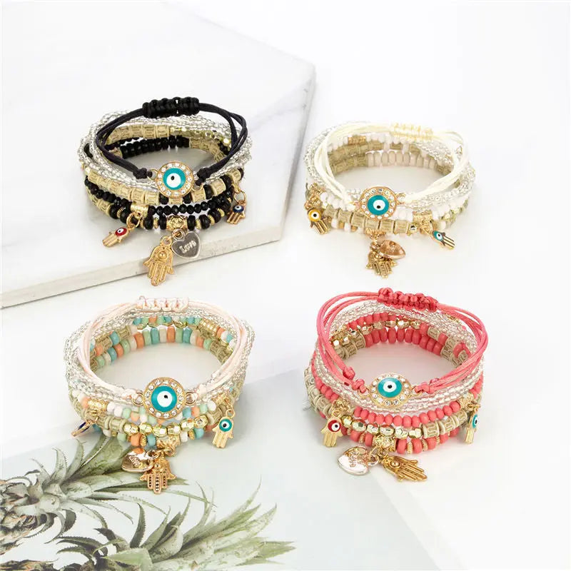 Cross-border hot sale in Europe and the United States trend hand jewelry bohemian wind multi-layer metal palm devil's eye bracelet set AQP-STORE