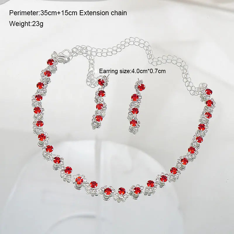 Exquisite colored rhinestone necklace earring set, simple and versatile collarbone chain neck chain dress accessories AQP-STORE