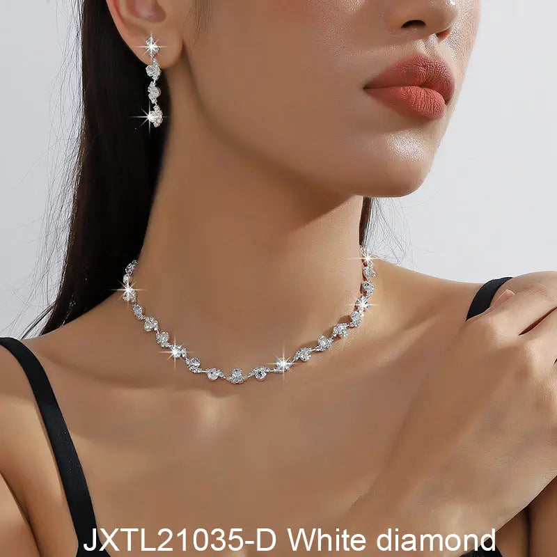 Exquisite colored rhinestone necklace earring set, simple and versatile collarbone chain neck chain dress accessories AQP-STORE