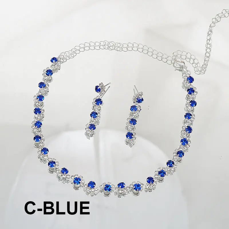 Exquisite colored rhinestone necklace earring set, simple and versatile collarbone chain neck chain dress accessories AQP-STORE