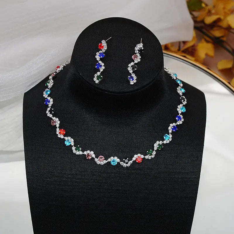 Exquisite colored rhinestone necklace earring set, simple and versatile collarbone chain neck chain dress accessories AQP-STORE