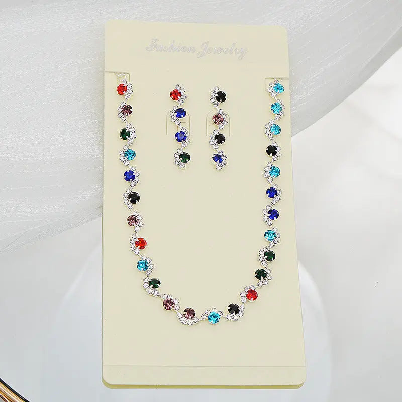 Exquisite colored rhinestone necklace earring set, simple and versatile collarbone chain neck chain dress accessories AQP-STORE