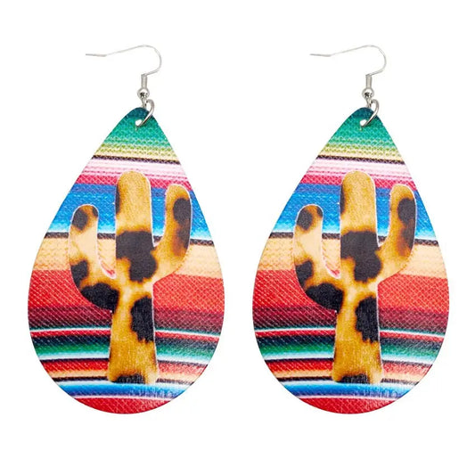 Hot selling colored striped large water drop wooden earrings in Europe and America, single-sided colored printed cactus earrings for women AQP-STORE