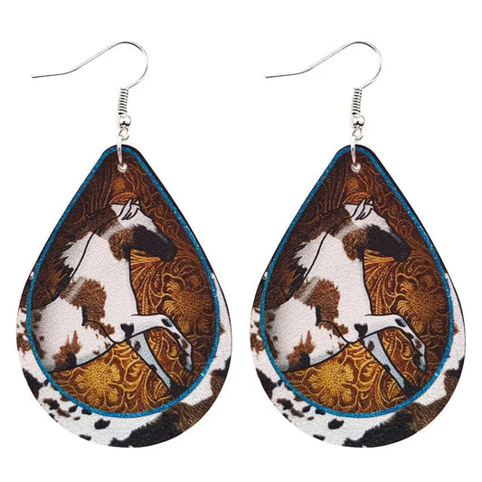 New Foreign Trade Leather Earrings Western Style Women's Cow Pattern Horse Pattern Water Drop PU Earrings AQP-STORE