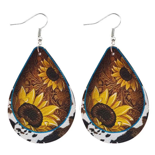 Western Wind Cow Pattern Sunflower Leather Droplet Earrings Earrings, European and American Cross border Popular Jewelry Wholesale AQP-STORE