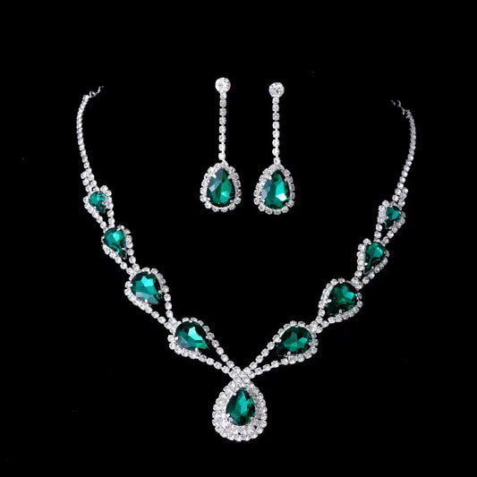 Exquisite Water Drop Crystal Diamond Necklace Earring Set Wedding Bride Clothing Accessories AQP-STORE