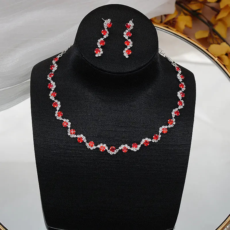 Exquisite colored rhinestone necklace earring set, simple and versatile collarbone chain neck chain dress accessories AQP-STORE